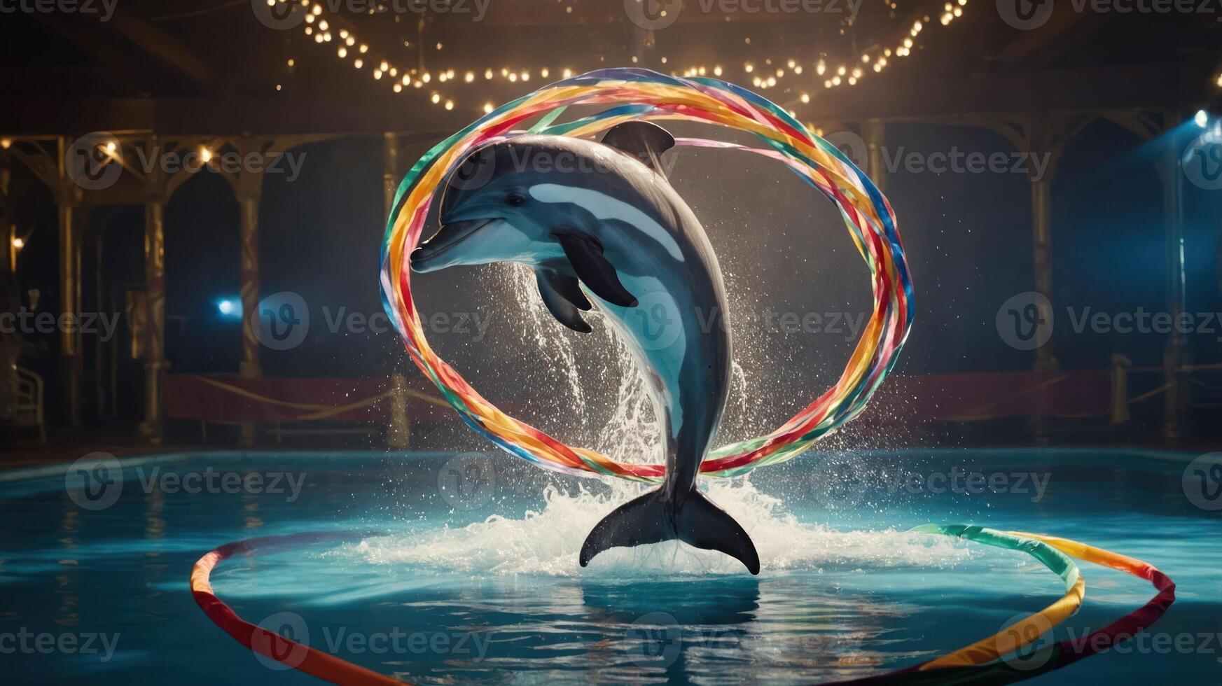 A dolphin performs a jump through colorful hoops in a pool, showcasing its agility and training. photo
