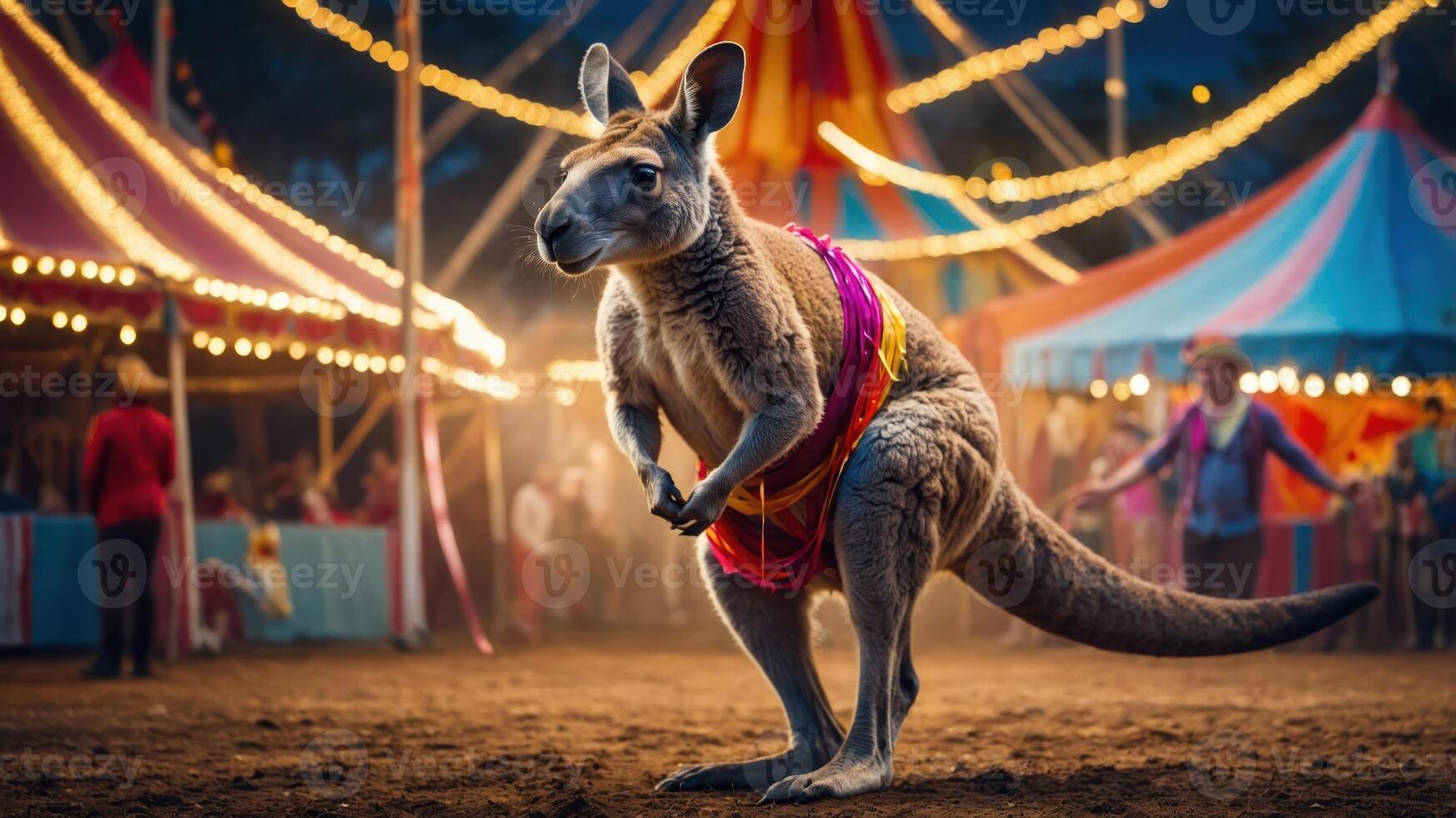 A kangaroo dressed in colorful attire performs at a lively circus event. photo