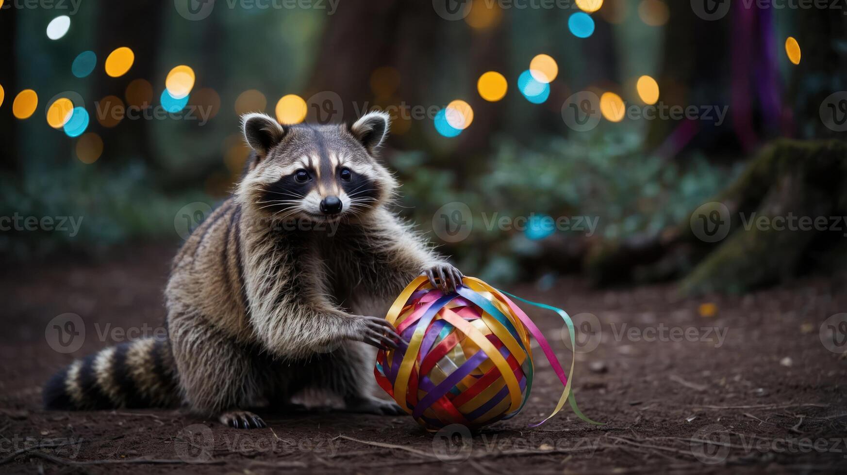 A raccoon playing with a colorful ribbon ball in a forest setting. photo