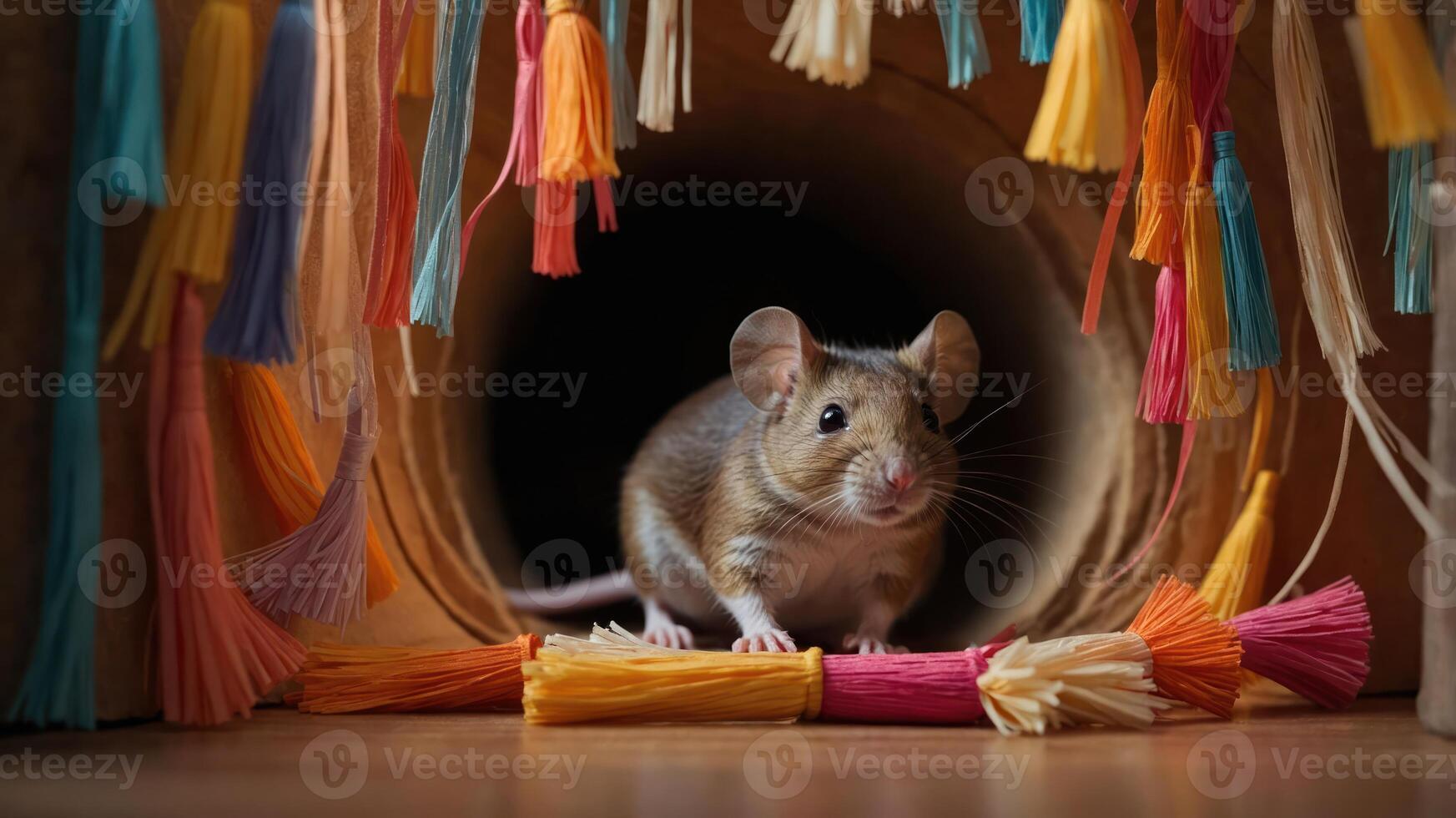 A cute mouse peeks out from a colorful decorated tunnel. photo