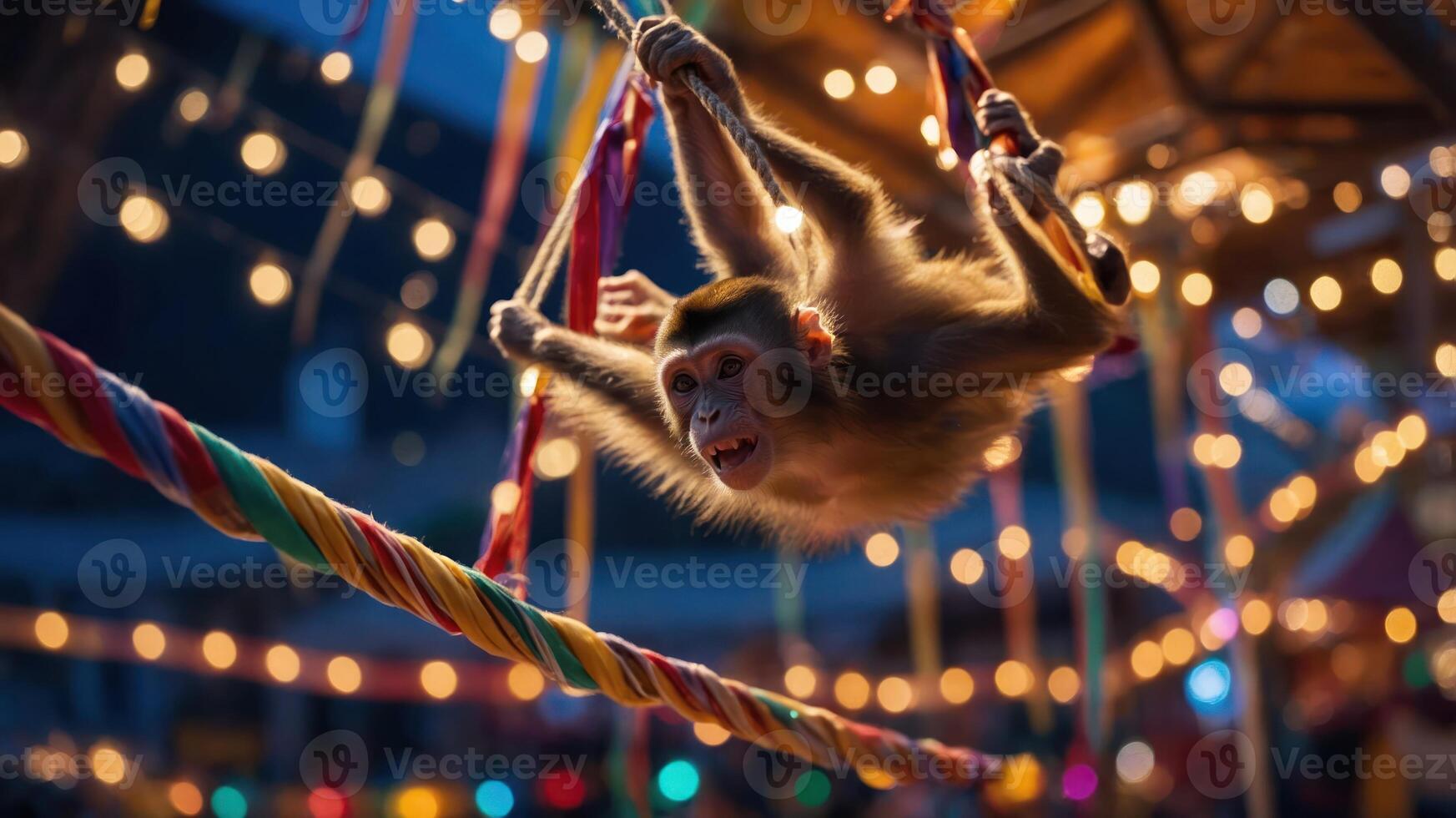 A monkey swings playfully on colorful ropes amidst festive lights at a lively fair. photo