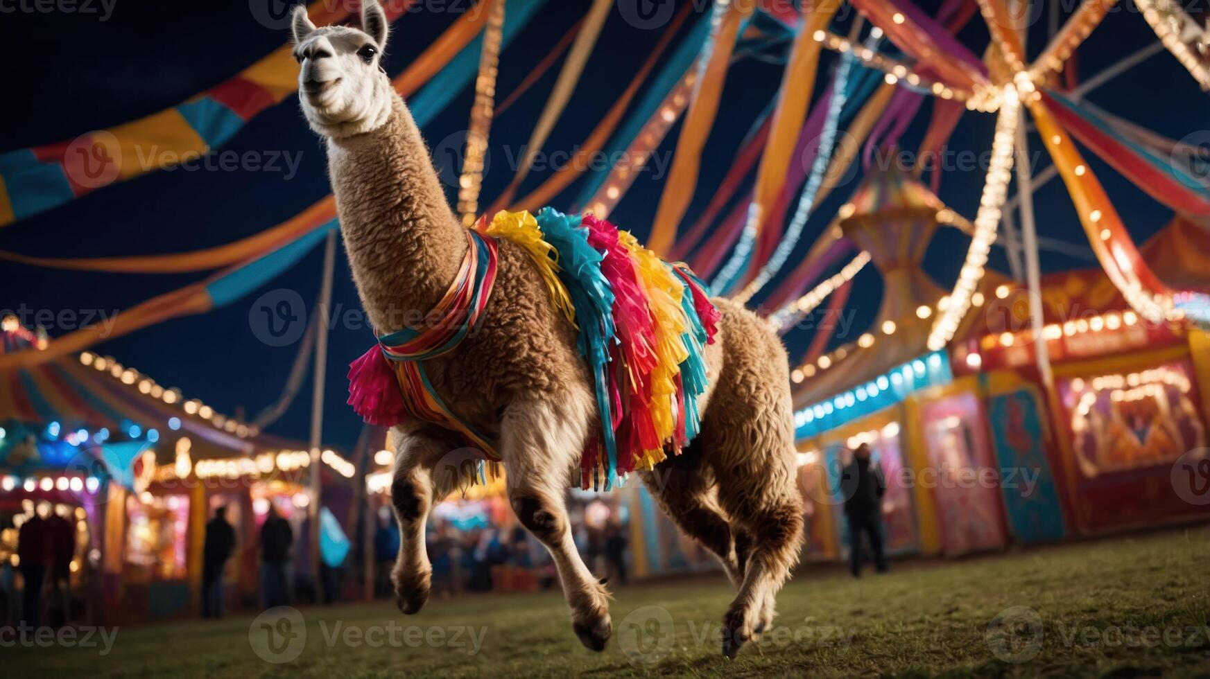 A lively llama dressed in colorful attire at a festive carnival scene. photo