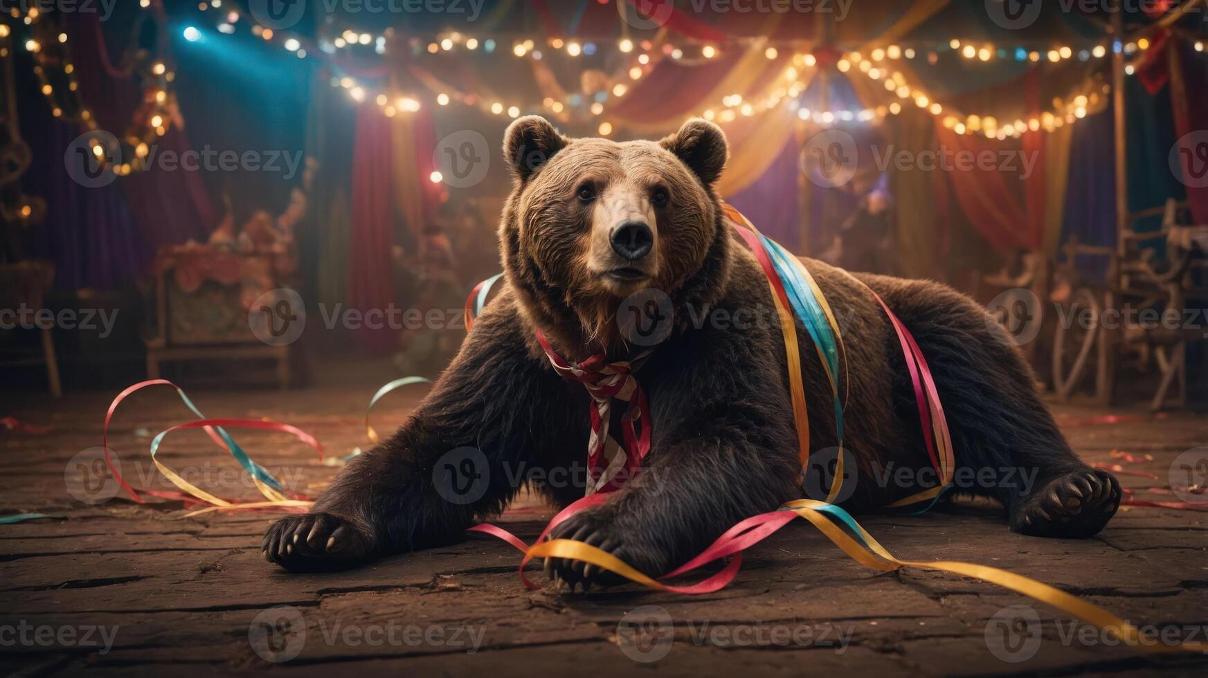 A bear adorned with colorful ribbons in a festive circus setting. photo