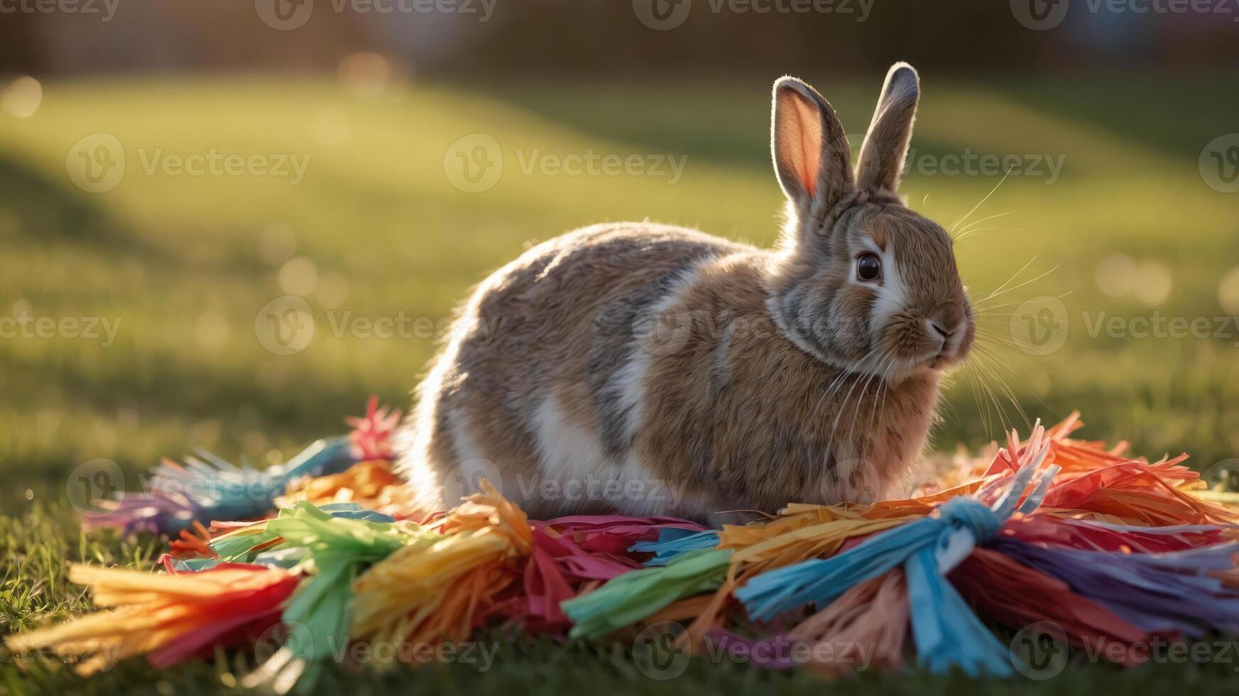 A rabbit resting on a colorful tassel blanket in a sunlit grassy area. photo