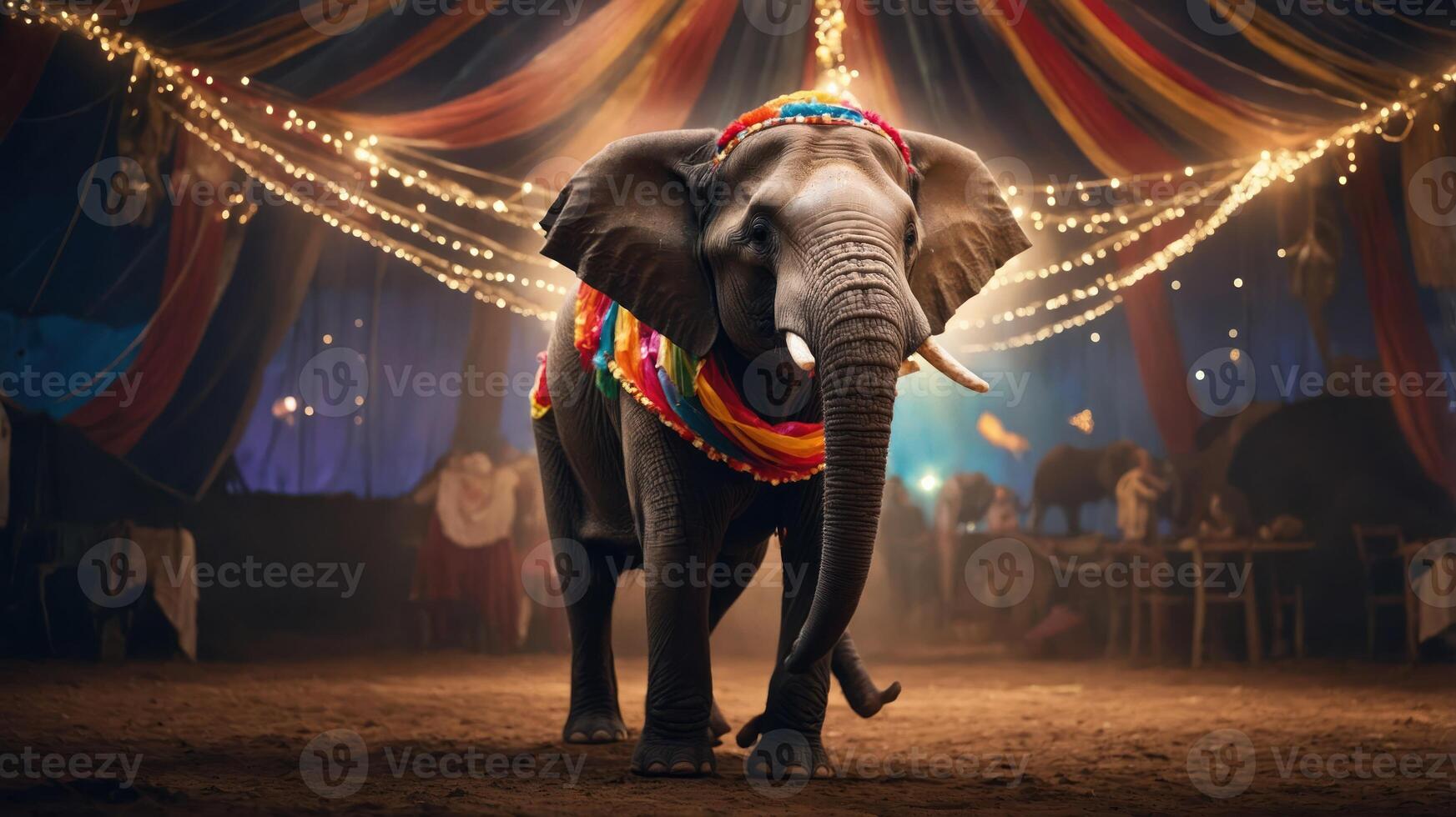A decorated elephant stands in a circus tent, illuminated by festive lights and colors. photo