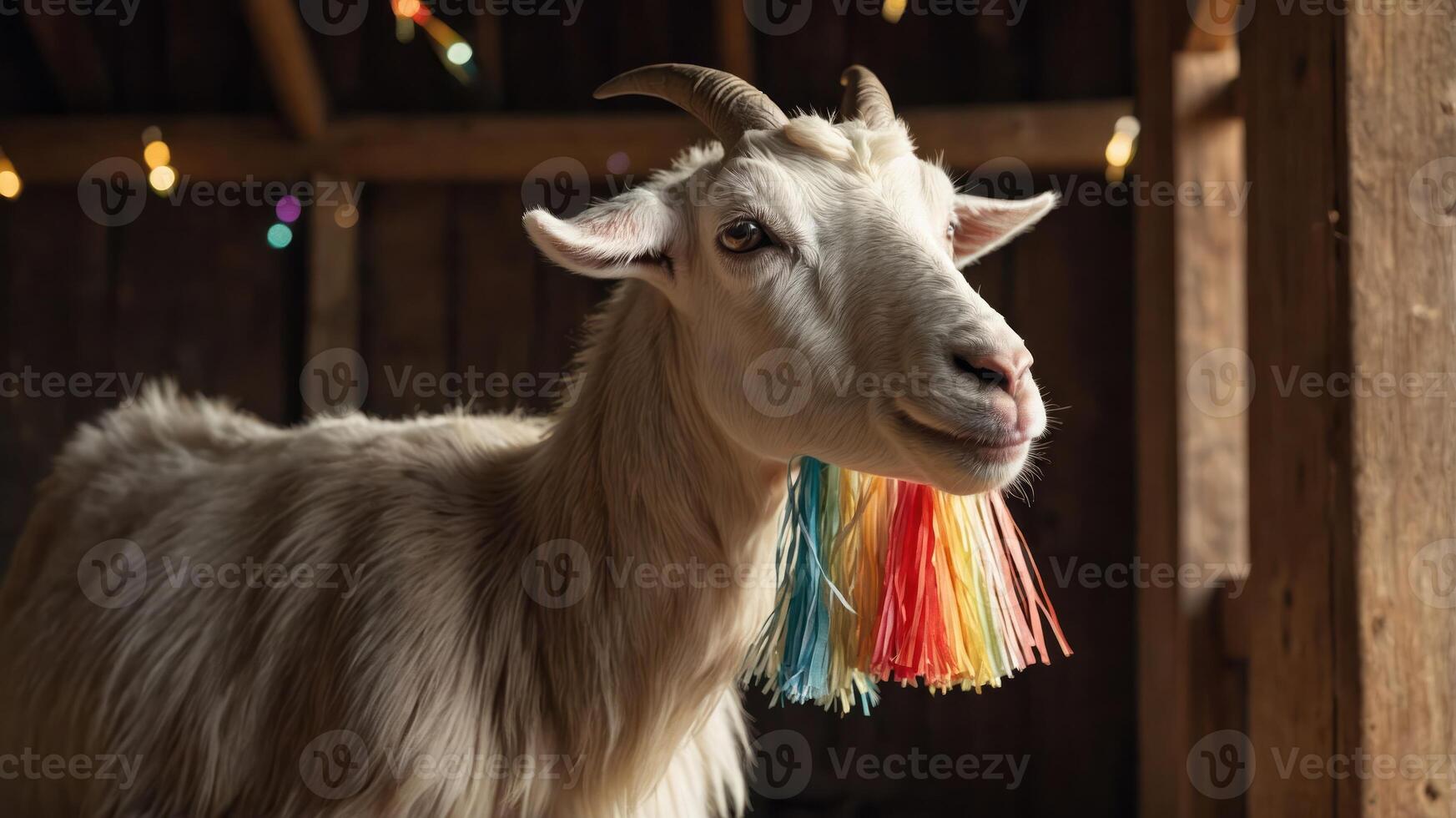 A goat adorned with colorful tassels stands in a rustic setting, illuminated by soft lights. photo