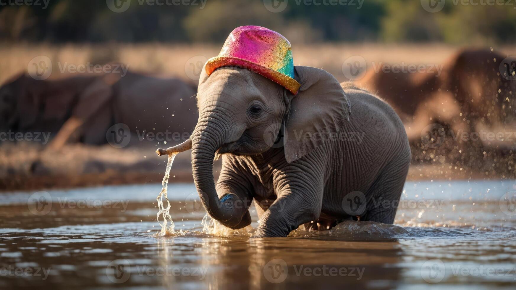 A playful baby elephant wearing a colorful hat splashes in water, enjoying a fun moment. photo