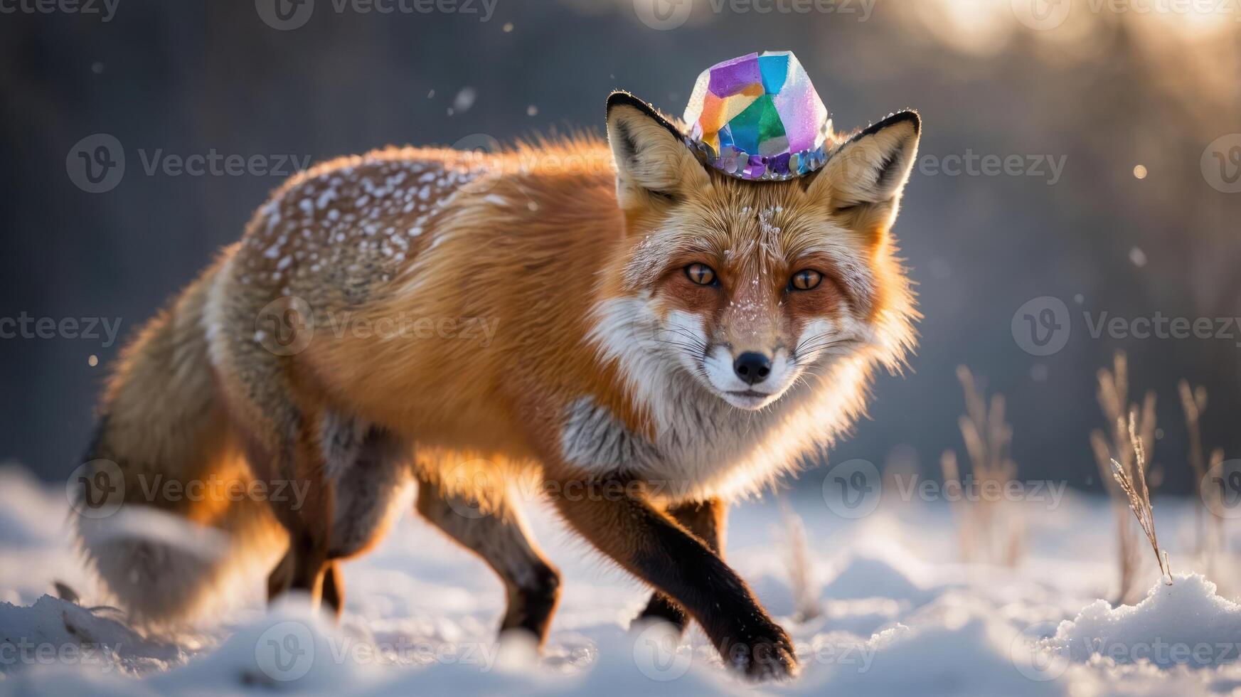 A playful fox wearing a colorful hat walks through a snowy landscape. photo