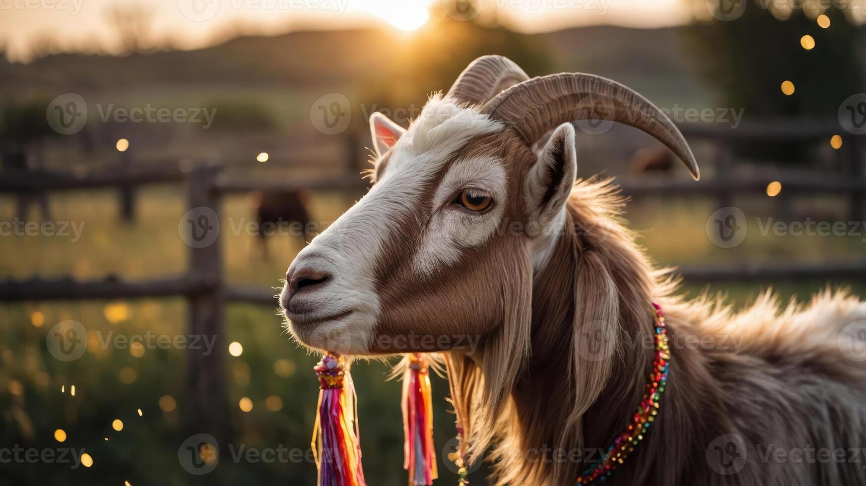 A goat adorned with colorful decorations stands in a sunlit field at sunset. photo