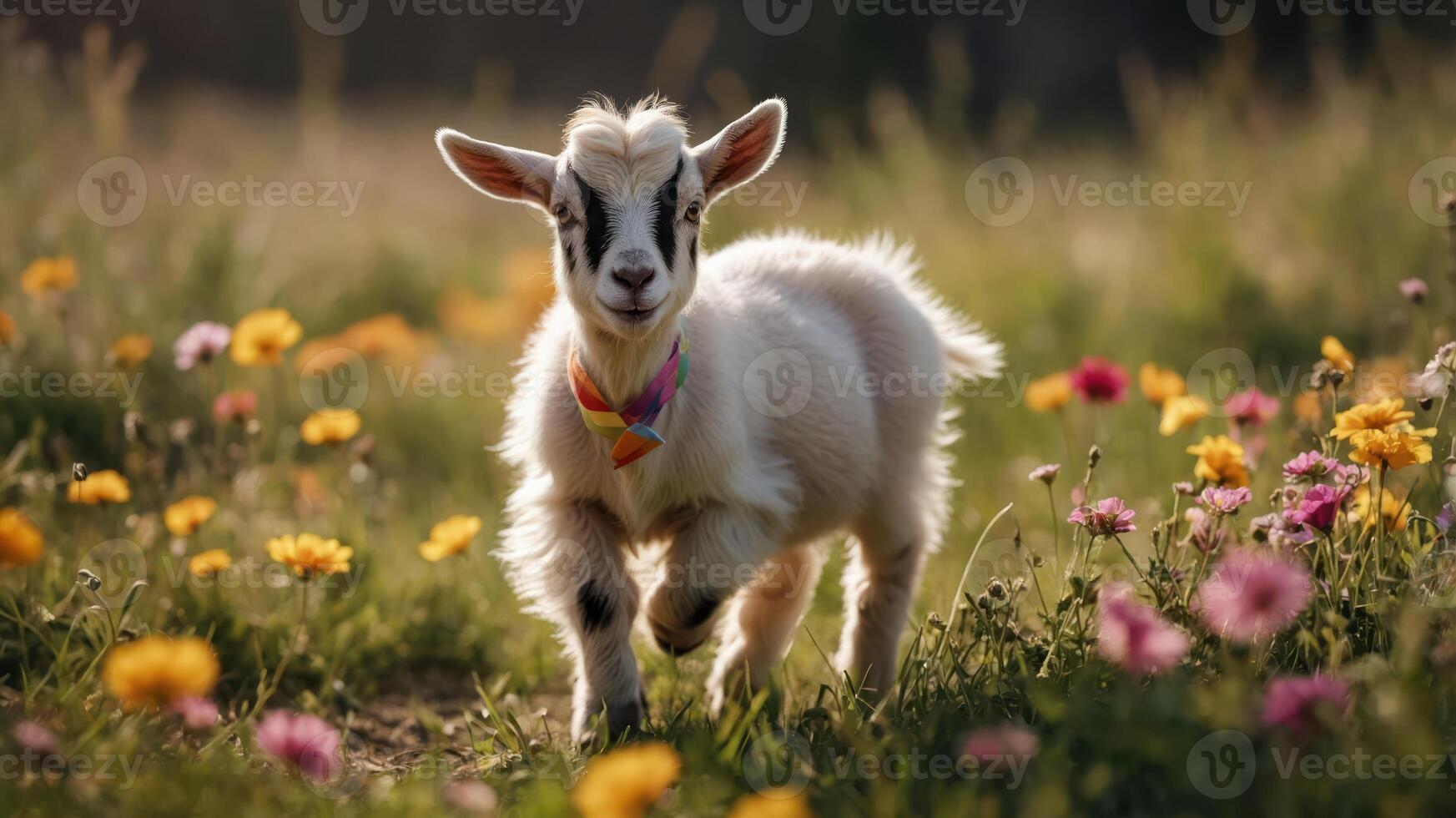 A playful goat stands among colorful flowers in a sunny meadow. photo