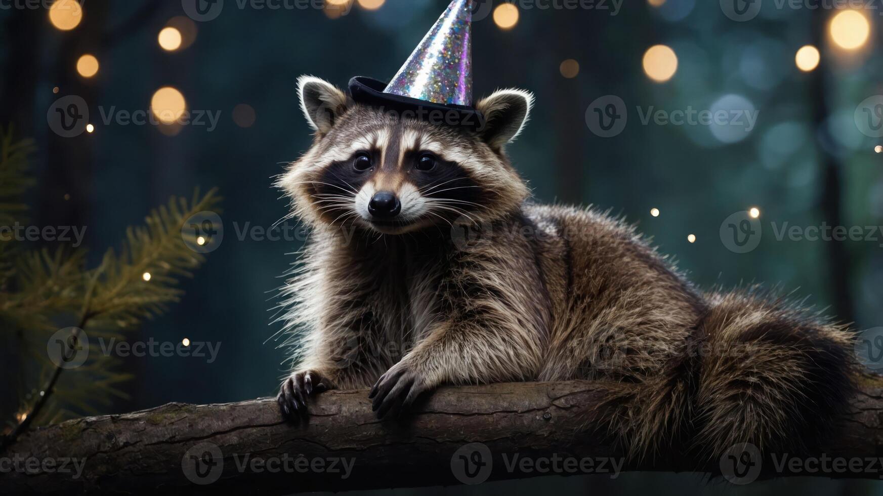 A raccoon wearing a party hat sits on a branch, surrounded by soft glowing lights. photo