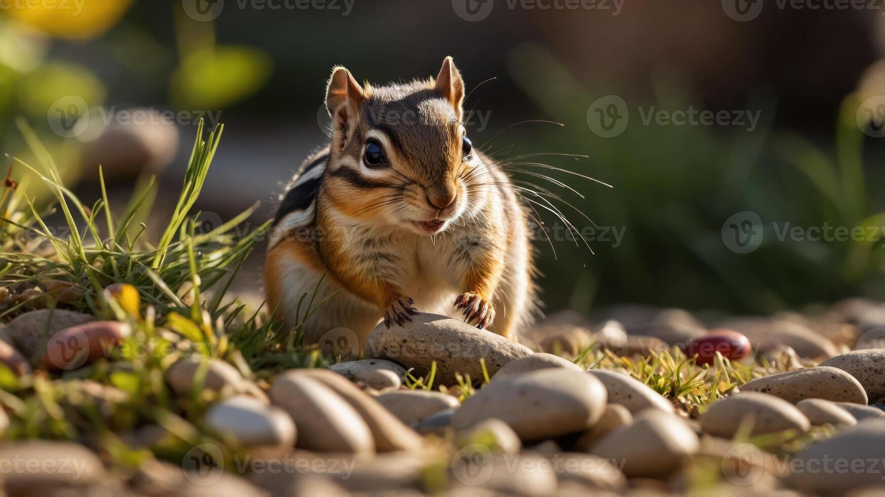 A close-up of a chipmunk on a grassy area surrounded by pebbles, showcasing wildlife. photo