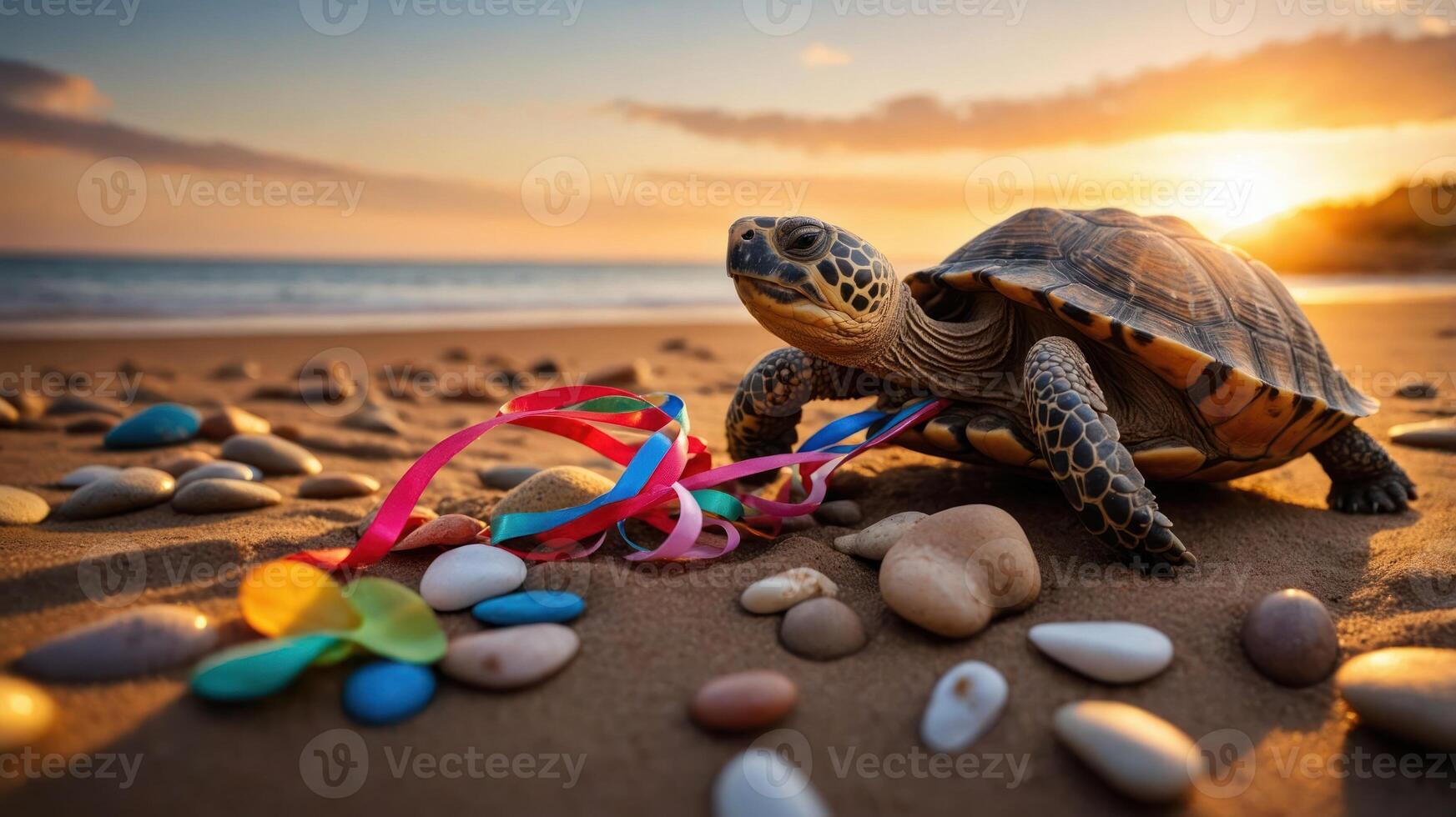 A turtle on the beach with colorful ribbons and pebbles at sunset. photo