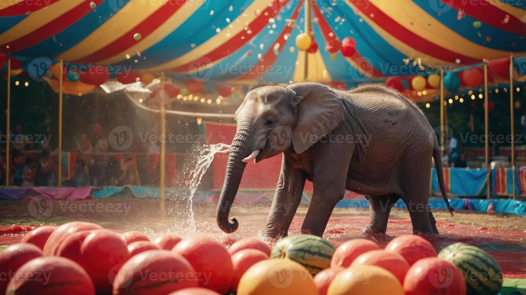 A playful elephant sprays water in a circus tent surrounded by colorful melons. photo