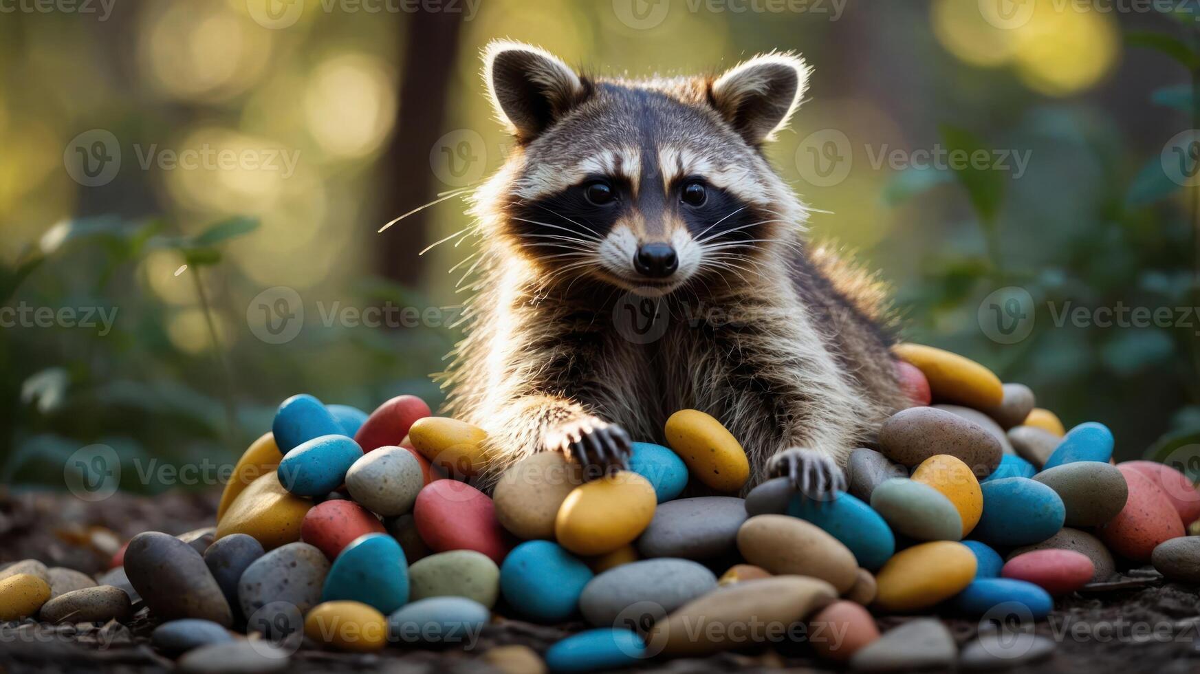 A raccoon perched on a colorful pile of stones in a natural setting. photo