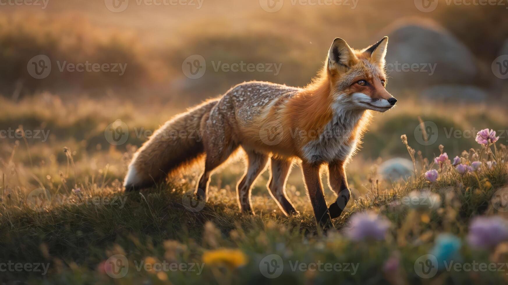 A fox walking gracefully through a meadow filled with flowers during golden hour. photo