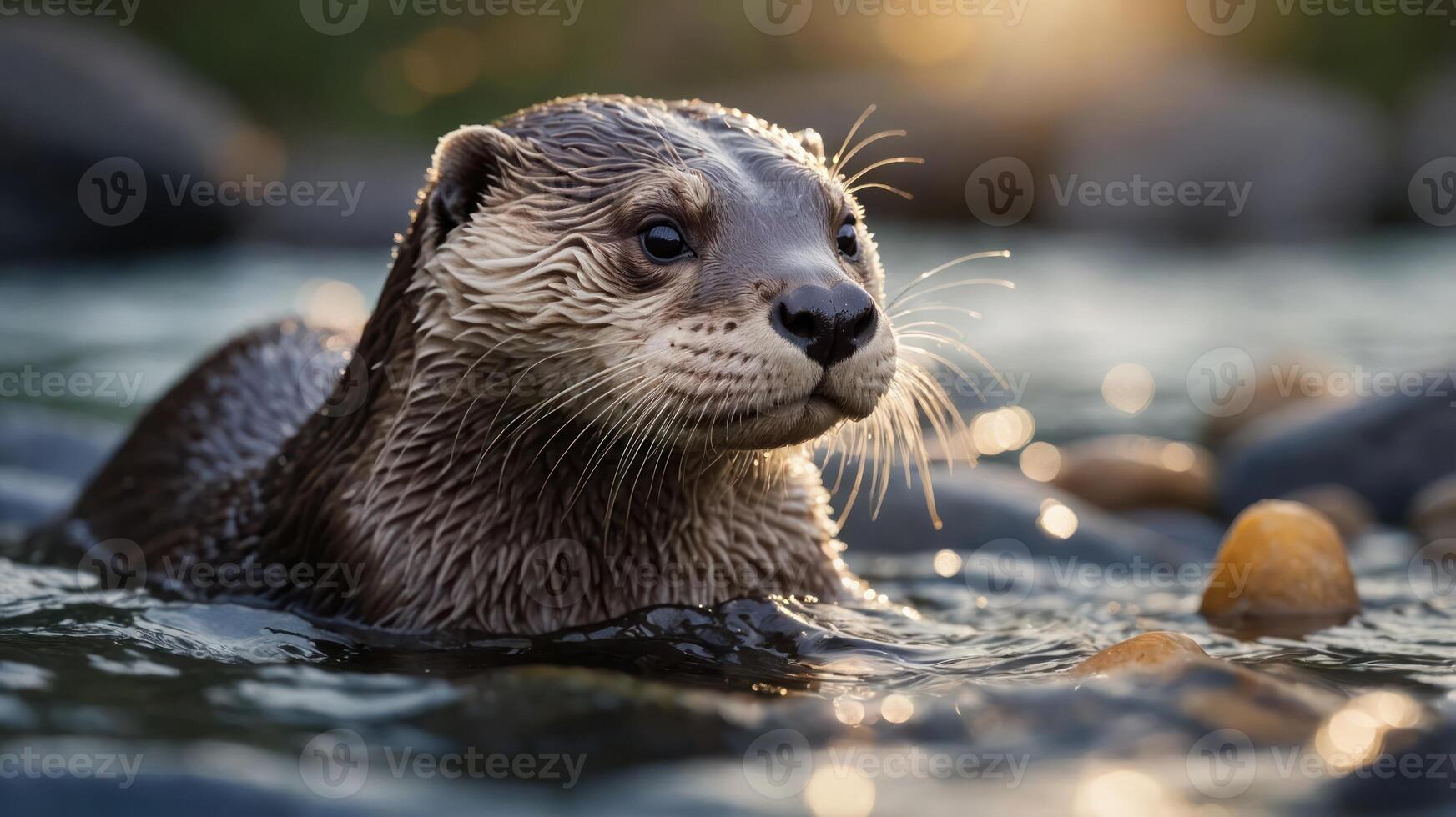 A close-up of an otter swimming in a serene river environment. photo