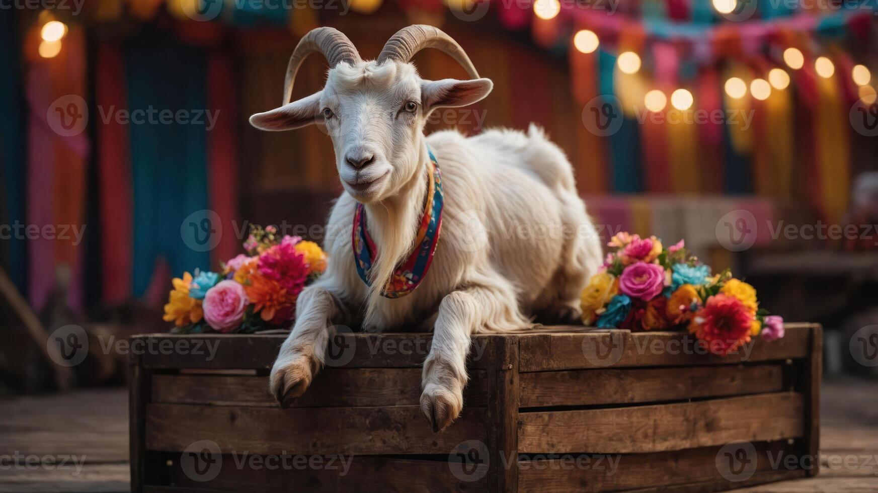A goat adorned with flowers rests on a wooden crate in a festive, colorful setting. photo