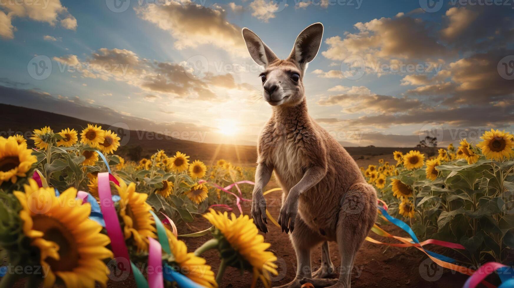 A kangaroo stands among vibrant sunflowers at sunset, creating a serene and joyful scene. photo