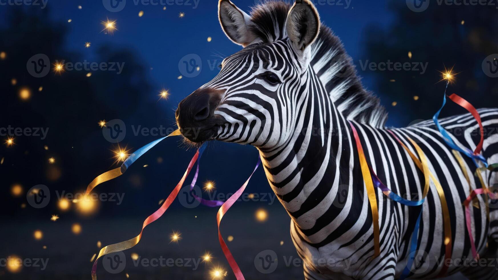 A zebra adorned with colorful ribbons against a dreamy, starry background. photo