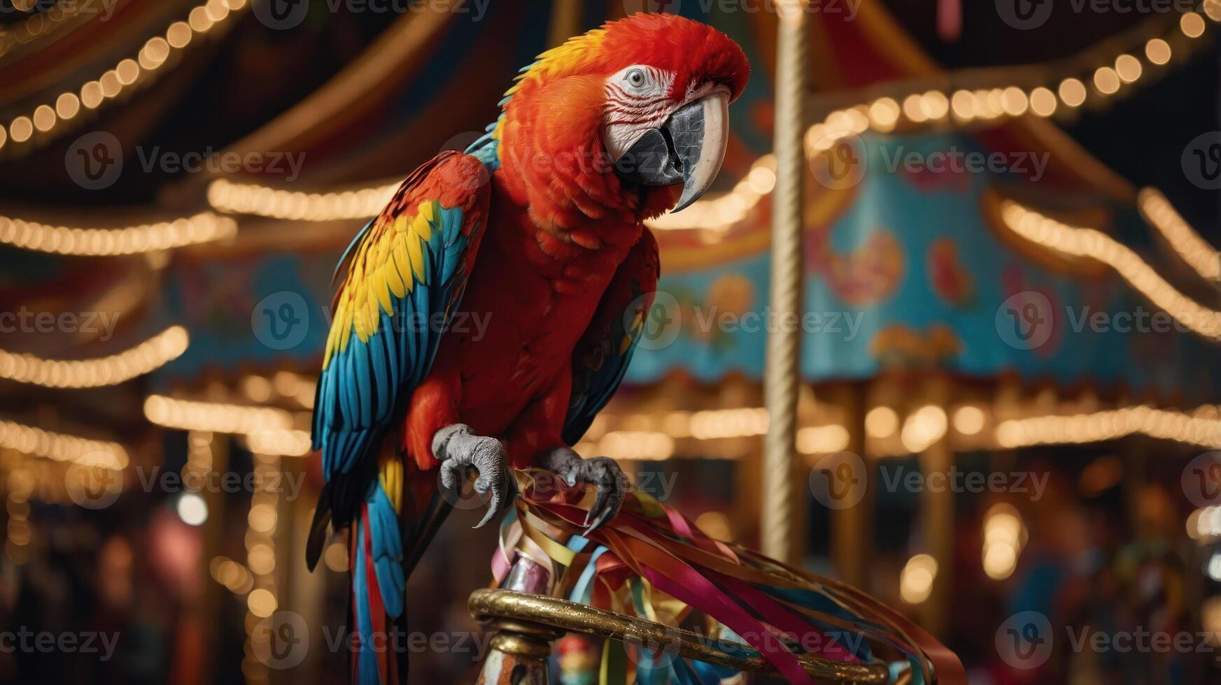 A vibrant parrot perched on a colorful carousel, surrounded by festive lights. photo