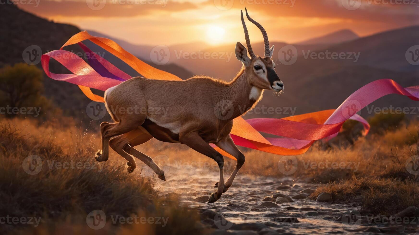 A graceful antelope runs through a scenic landscape, adorned with colorful ribbons. photo