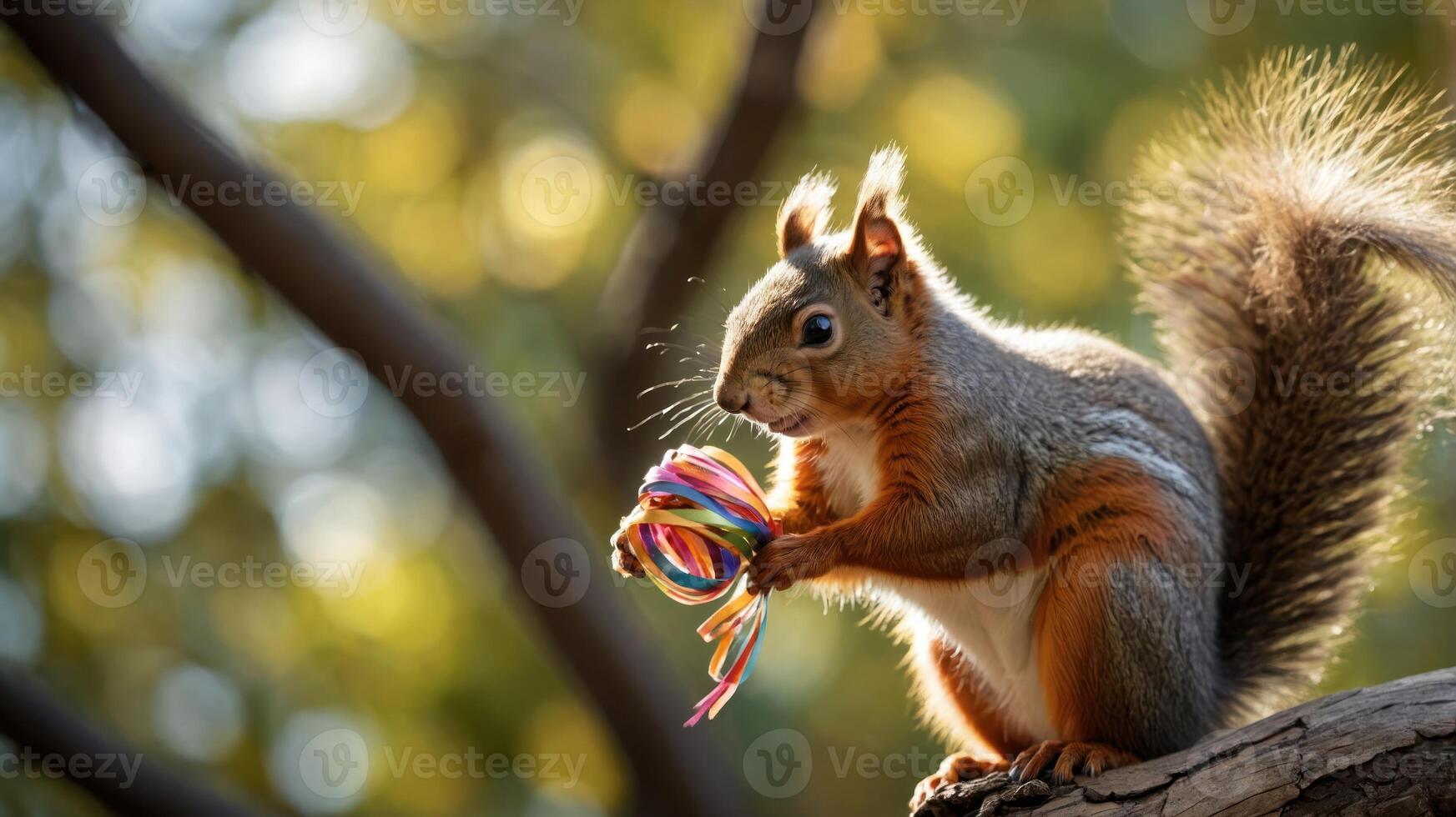 A squirrel holding colorful ribbons in a natural setting, showcasing playful behavior. photo