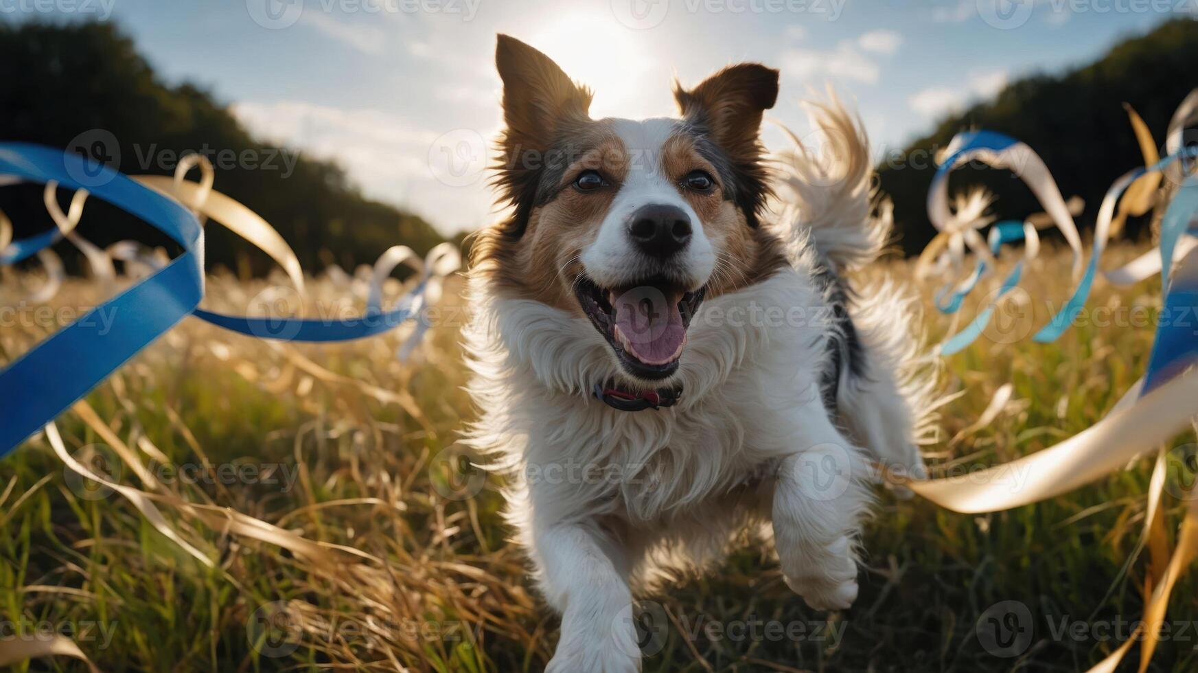 A joyful dog running through a field with ribbons, capturing a moment of playfulness. photo