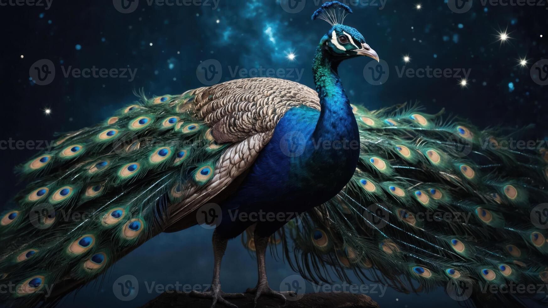 A vibrant peacock displaying its colorful feathers against a cosmic background. photo