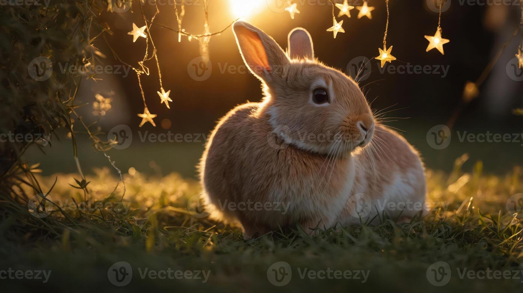 A serene rabbit rests in a sunlit field adorned with twinkling star decorations. photo
