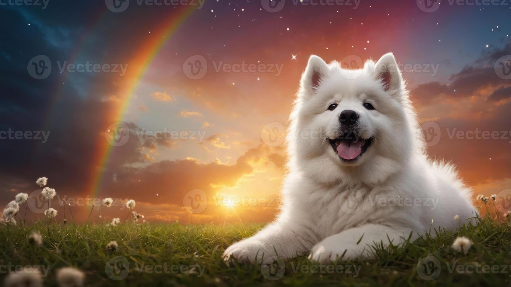 A fluffy white dog lies happily in a vibrant sunset landscape with rainbows. photo