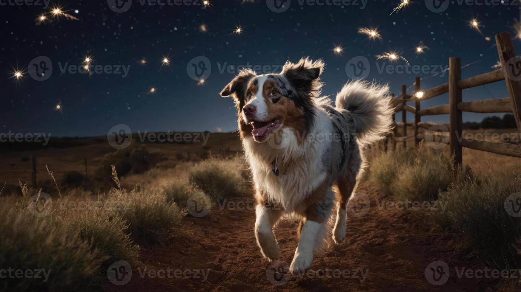 A joyful dog runs along a path under a starry night sky. photo