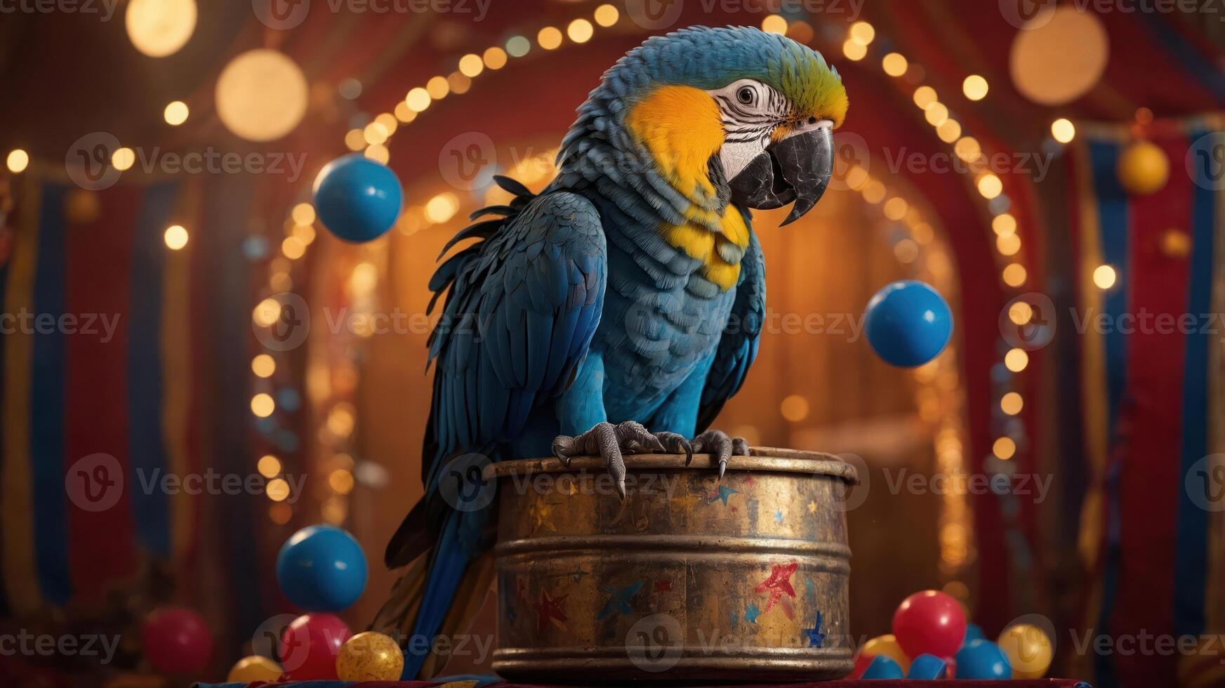 A colorful parrot perched on a decorative drum in a festive circus setting. photo