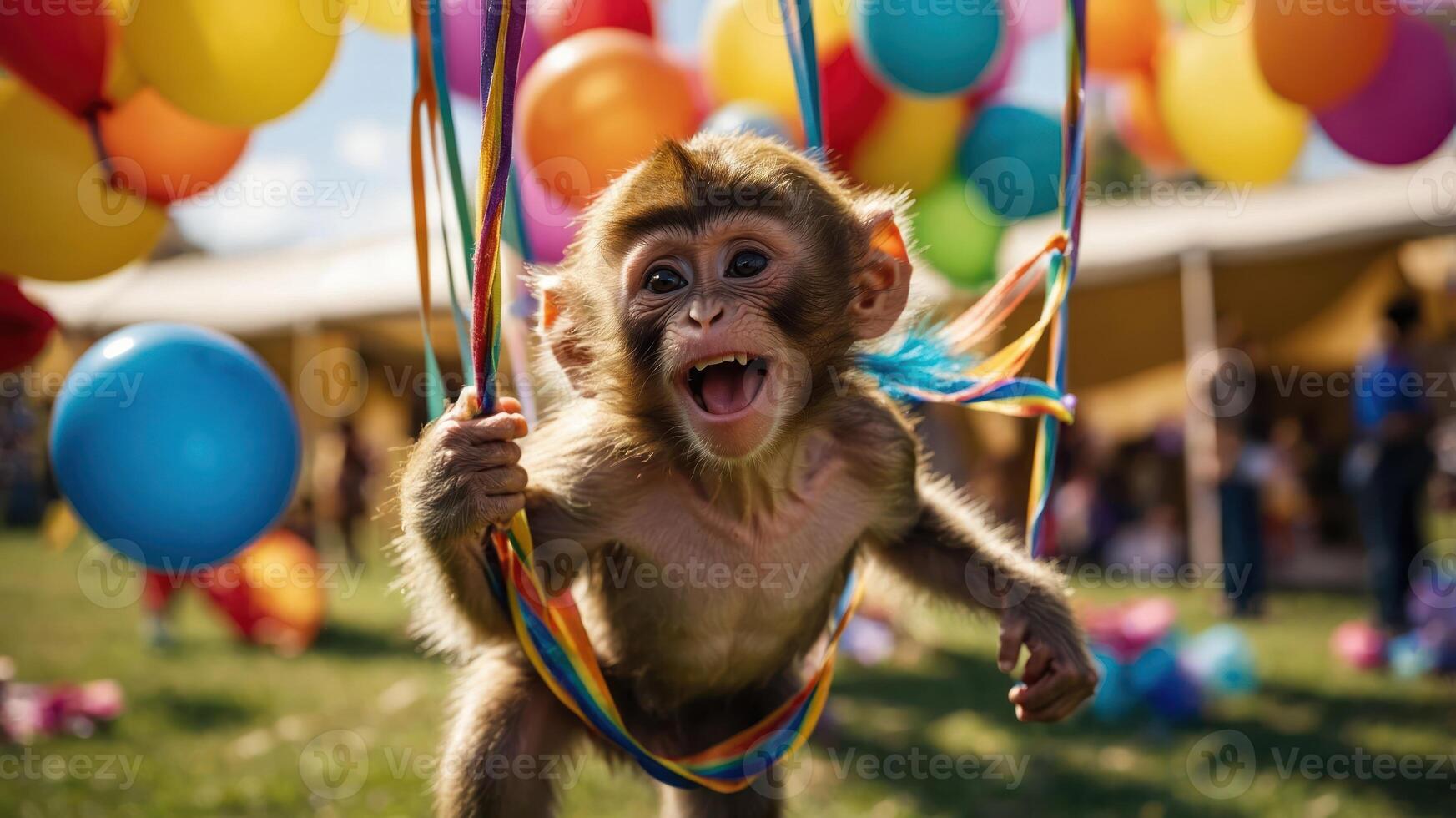 A playful monkey swings joyfully among colorful balloons at a festive outdoor event. photo