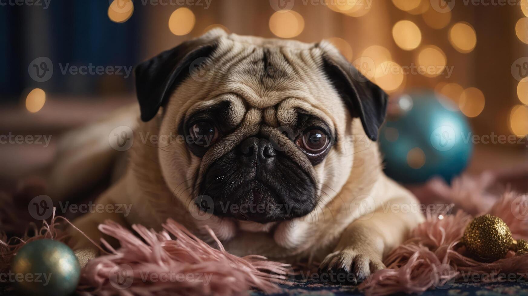 A pug resting on a soft surface with decorative ornaments and warm lights in the background. photo