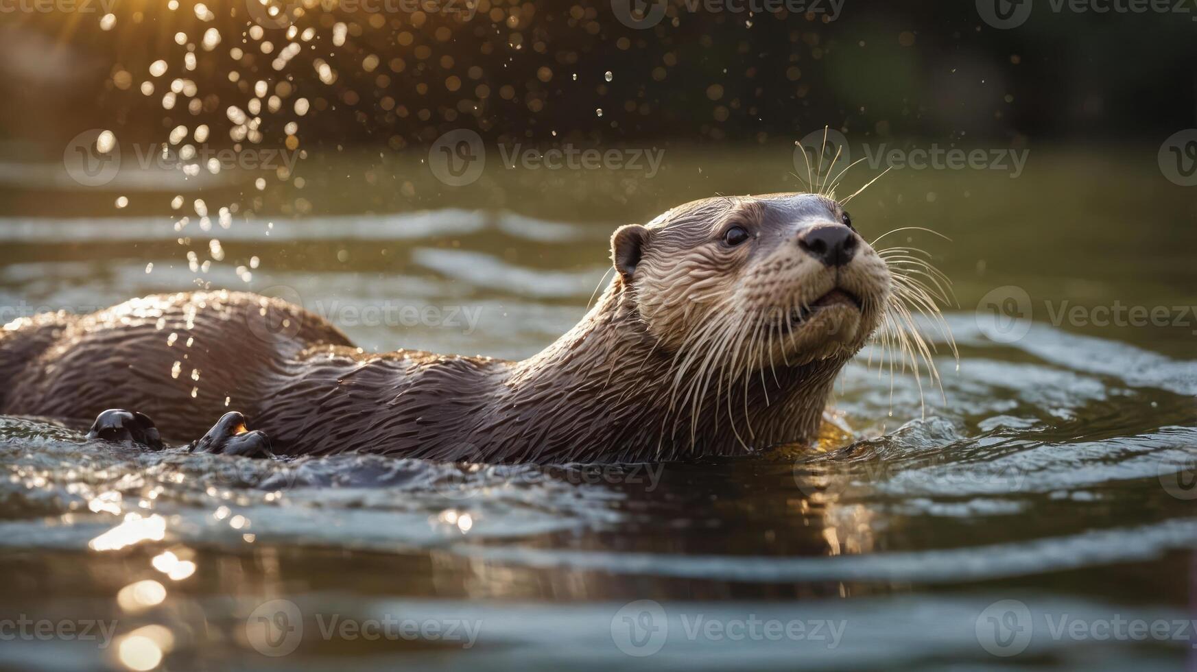 A playful otter swimming in a serene body of water, surrounded by sunlight and droplets. photo