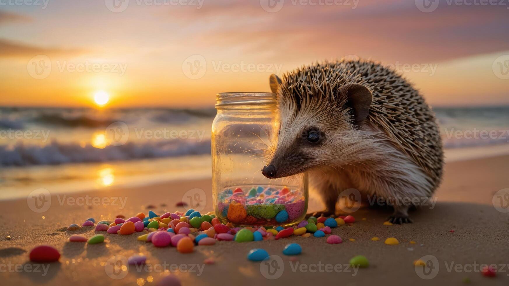 A hedgehog explores colorful candies by the beach during sunset. photo