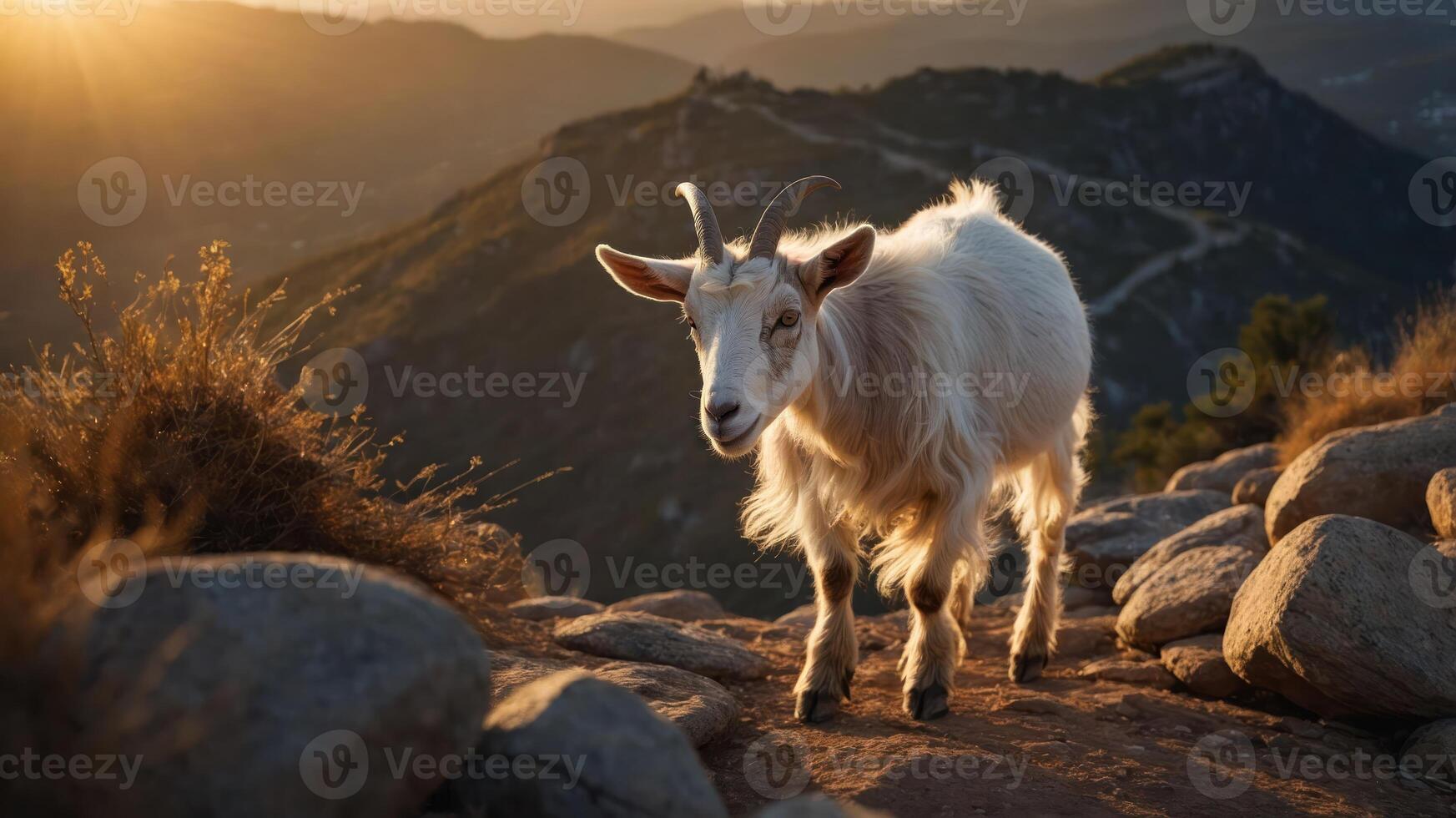 A goat walking along a rocky path during sunset in a mountainous landscape. photo