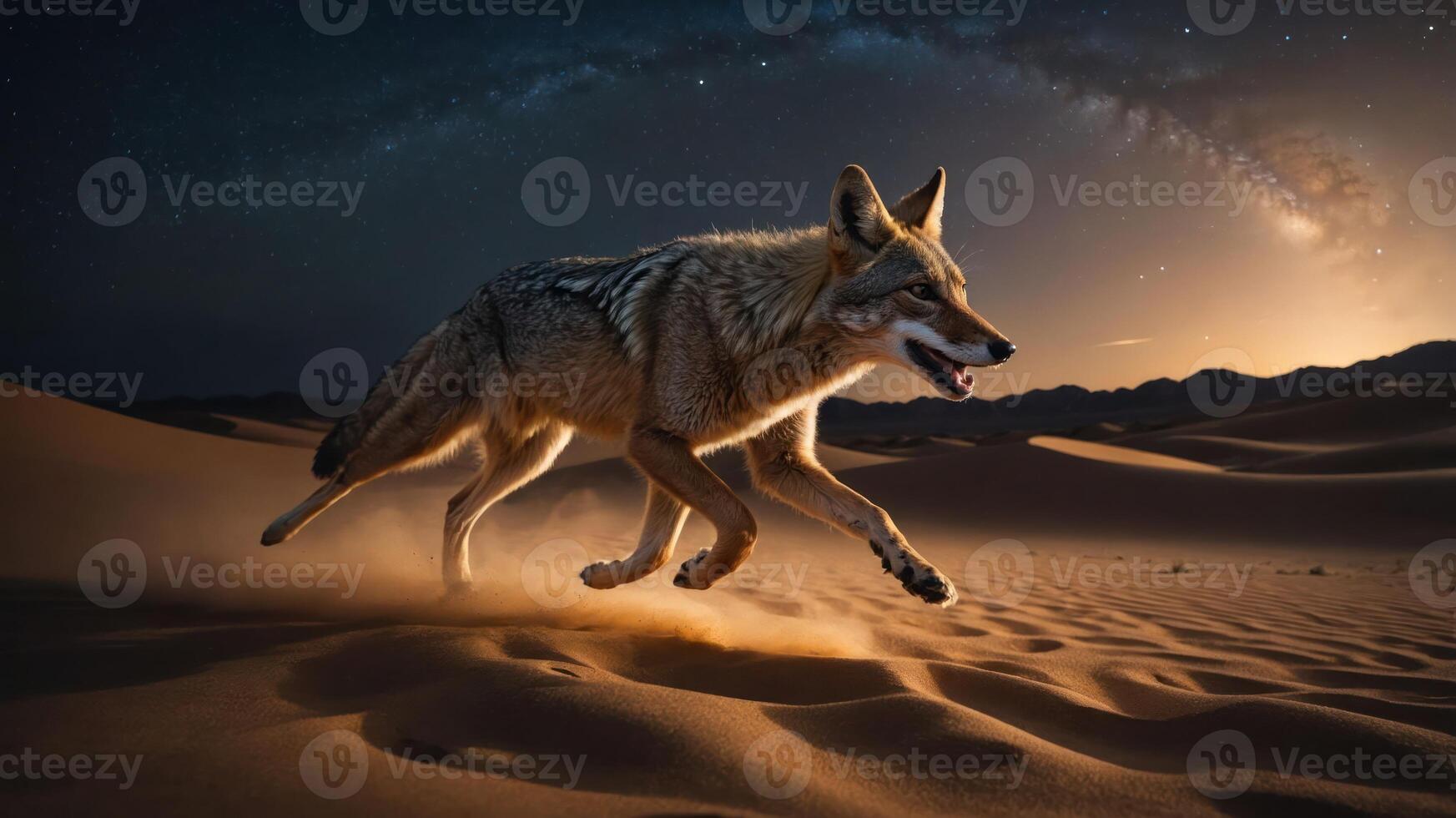 A coyote running through desert sands under a starry sky, showcasing wildlife in nature. photo