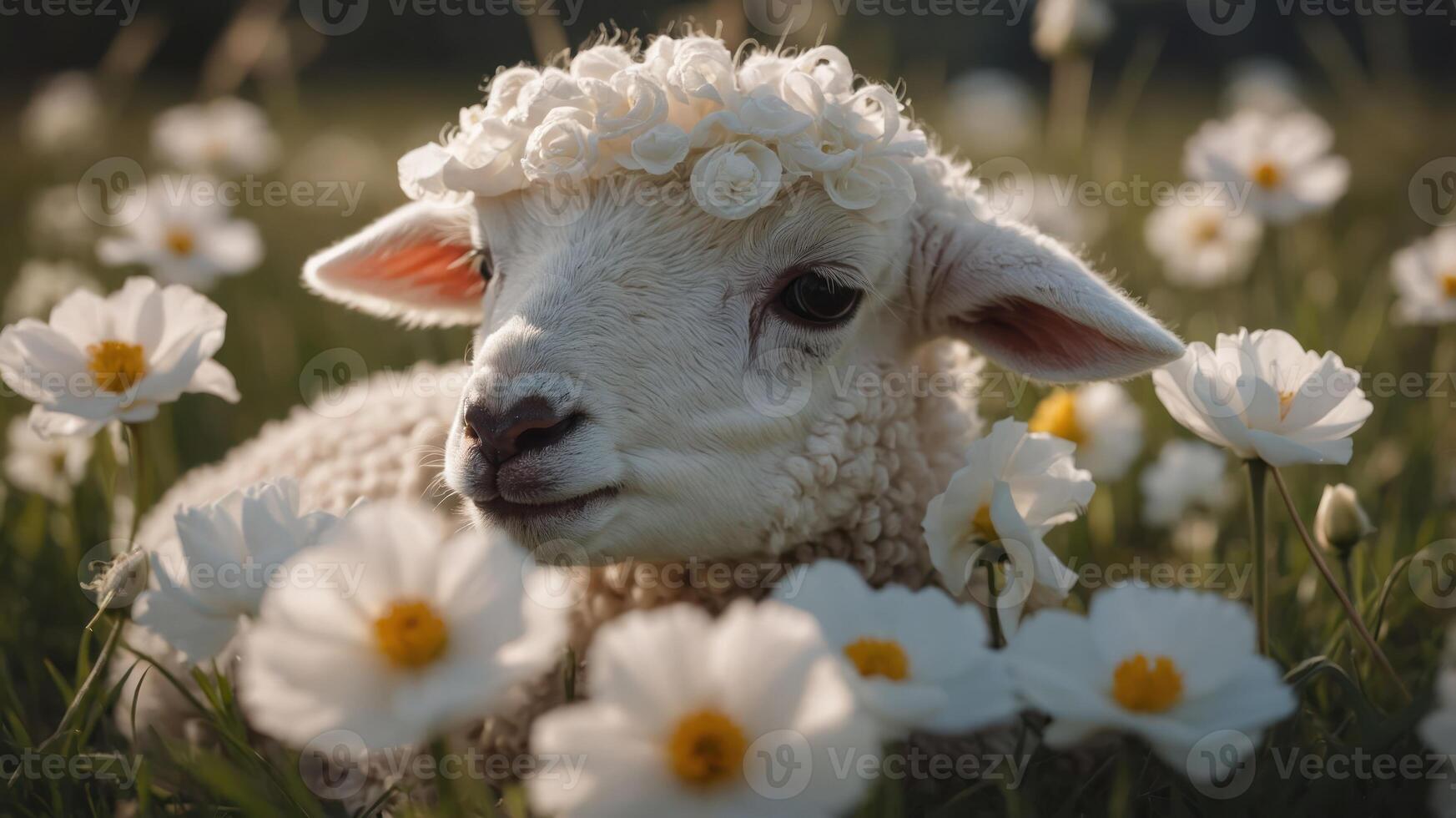 A cute lamb adorned with a floral crown rests among white flowers in a sunny meadow. photo