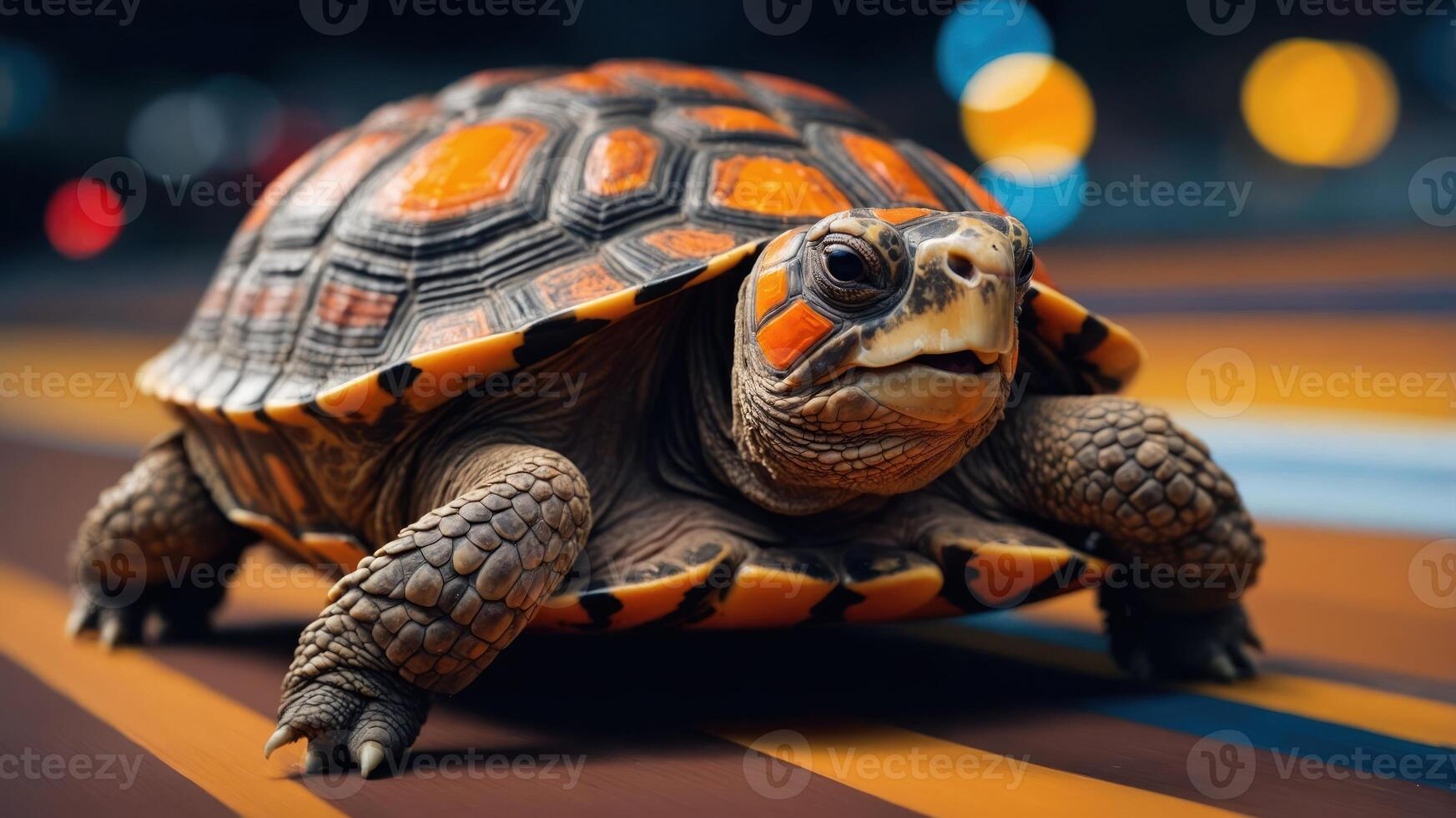 A close-up of a colorful tortoise on a vibrant surface. photo