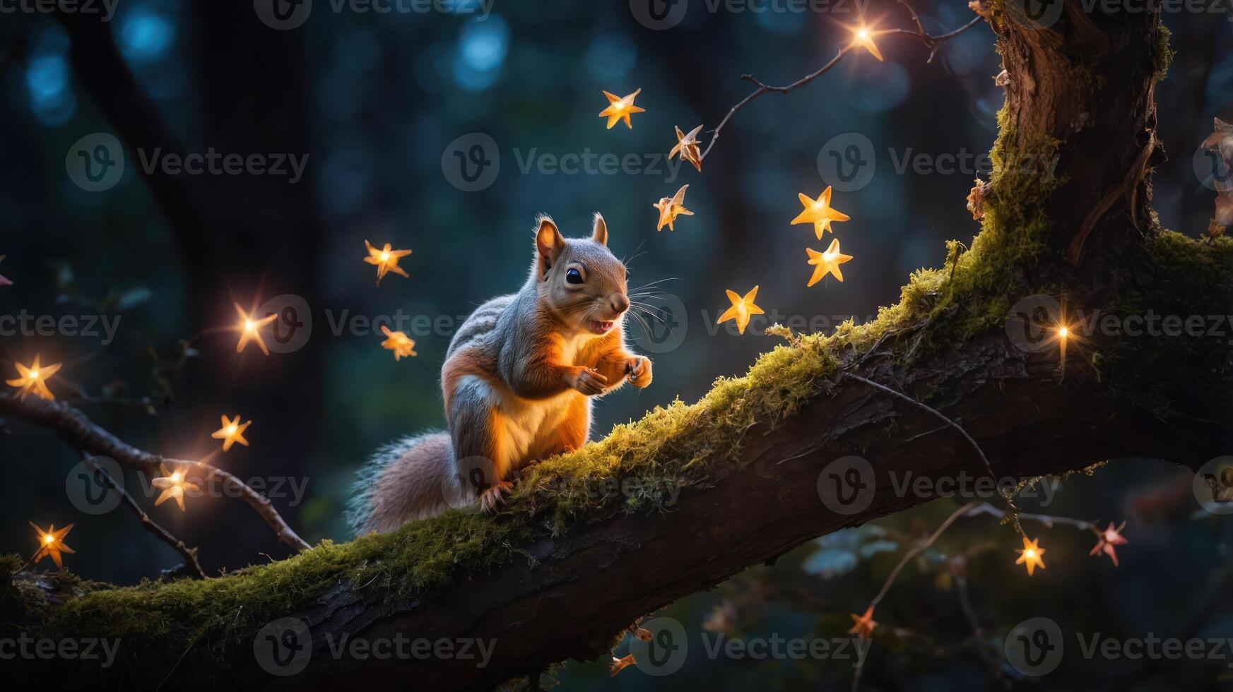 A whimsical scene of a squirrel surrounded by glowing stars on a mossy branch. photo
