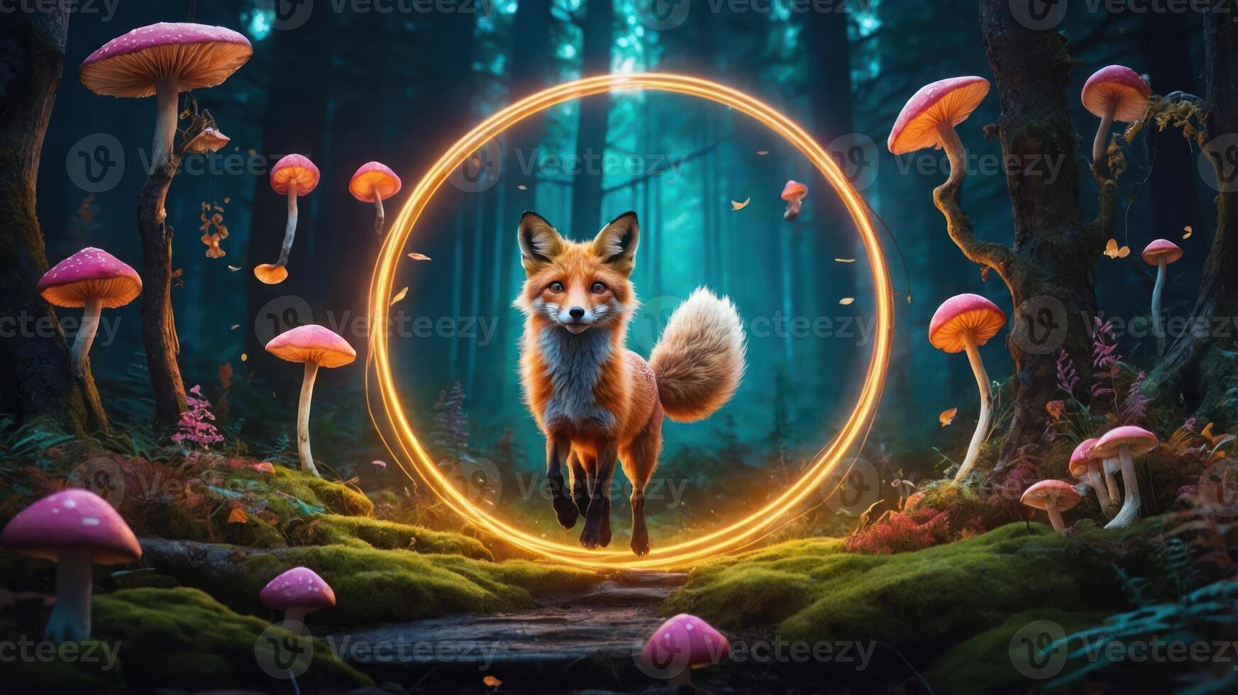 A fox runs through a mystical forest, framed by glowing mushrooms and a luminous circle. photo