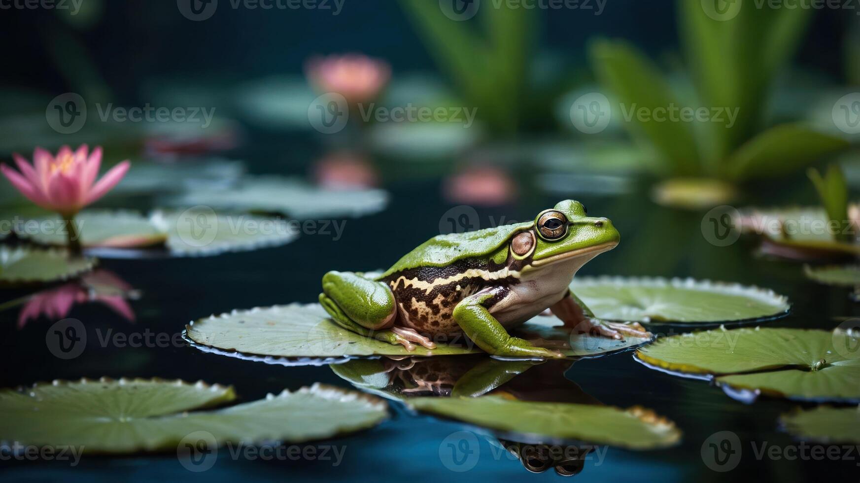 A green frog perched on a lily pad in a tranquil pond surrounded by water lilies. photo