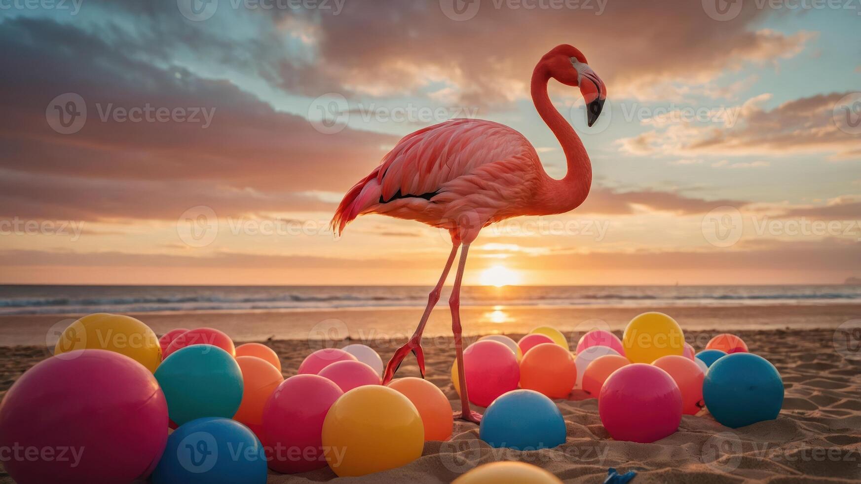 A vibrant flamingo stands among colorful balloons at sunset on a beach. photo