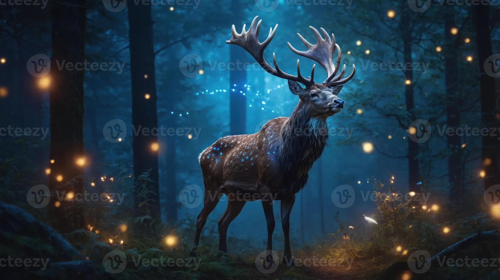A majestic deer stands in a mystical forest, illuminated by glowing orbs. photo