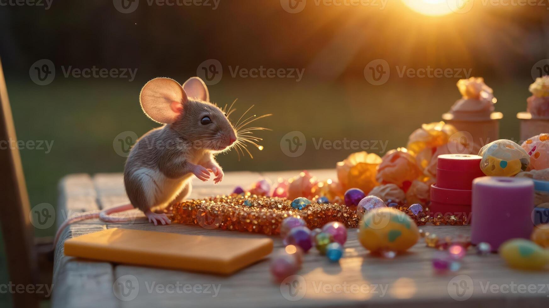 A small mouse surrounded by colorful decorations and objects, illuminated by sunset. photo