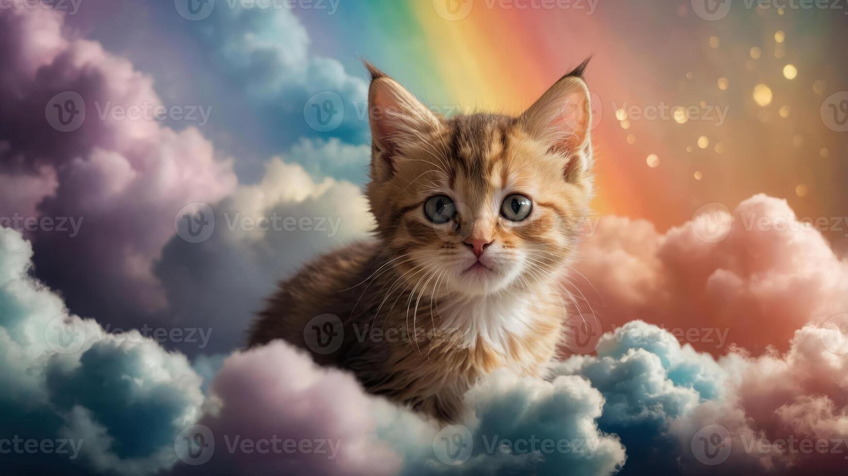 A cute kitten sitting in colorful clouds with a rainbow backdrop. photo