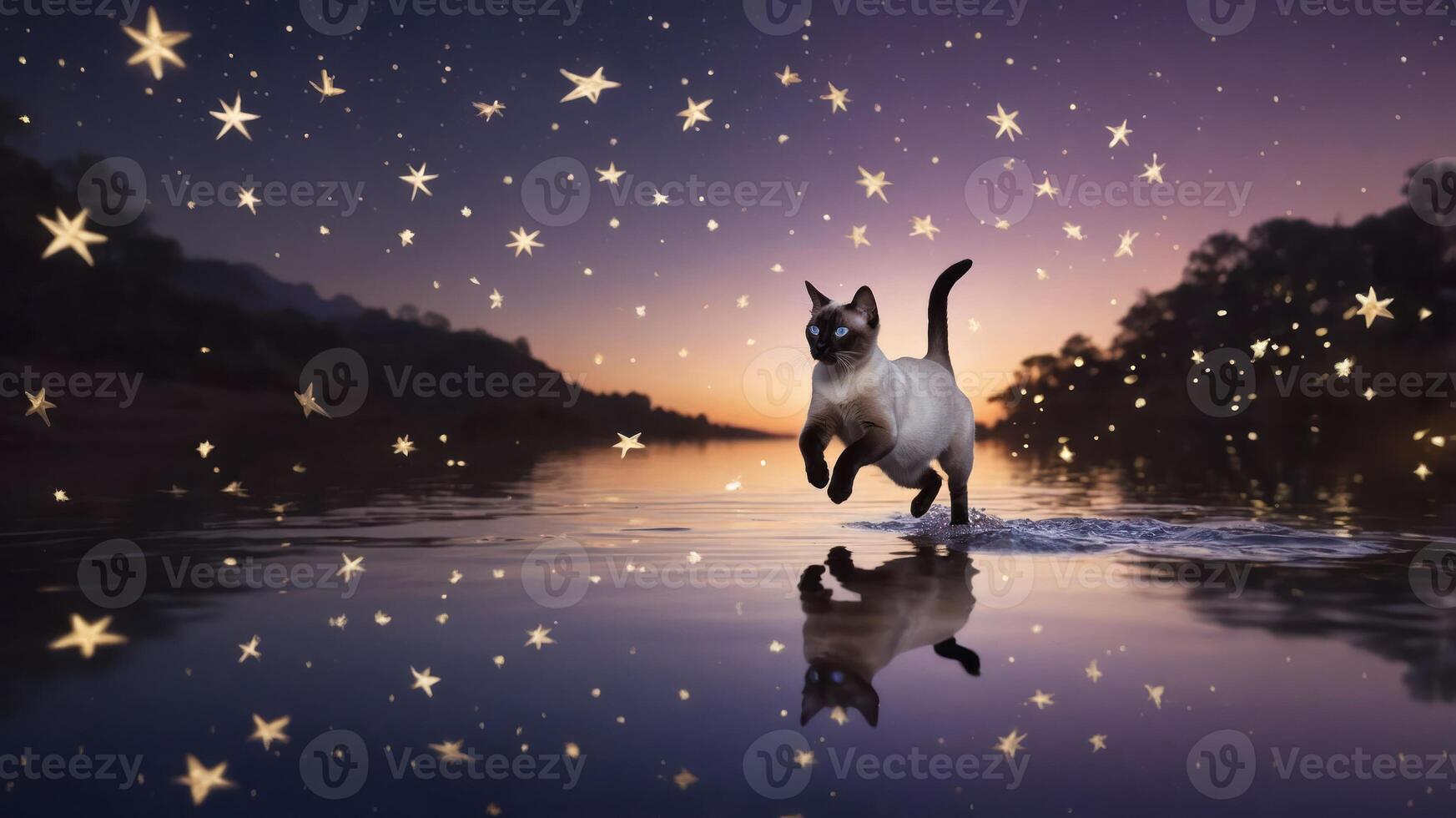 A playful cat runs through a reflective water surface under a starry sky at sunset. photo