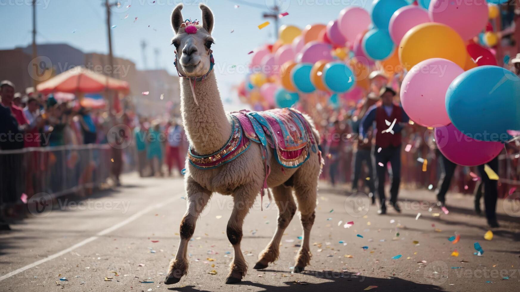 A festive llama parades through a colorful celebration filled with balloons and confetti. photo